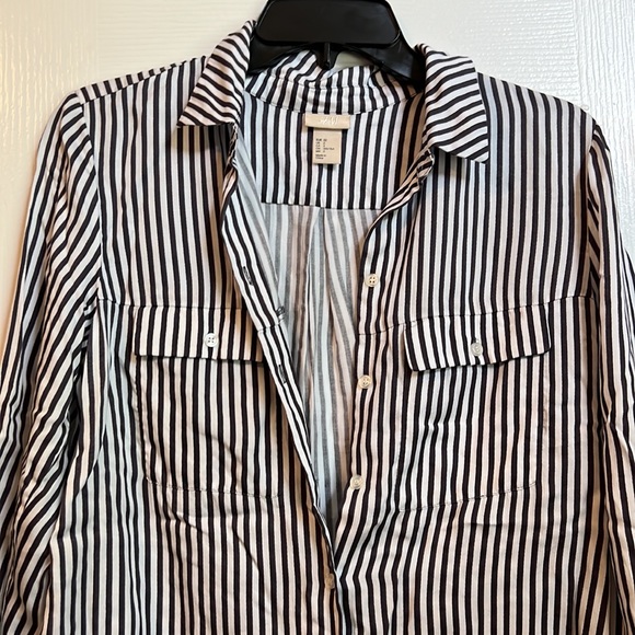 🟢 H&M Navy White Stripes Button Drown Dress Shirt Women 2 XS - Picture 2 of 6